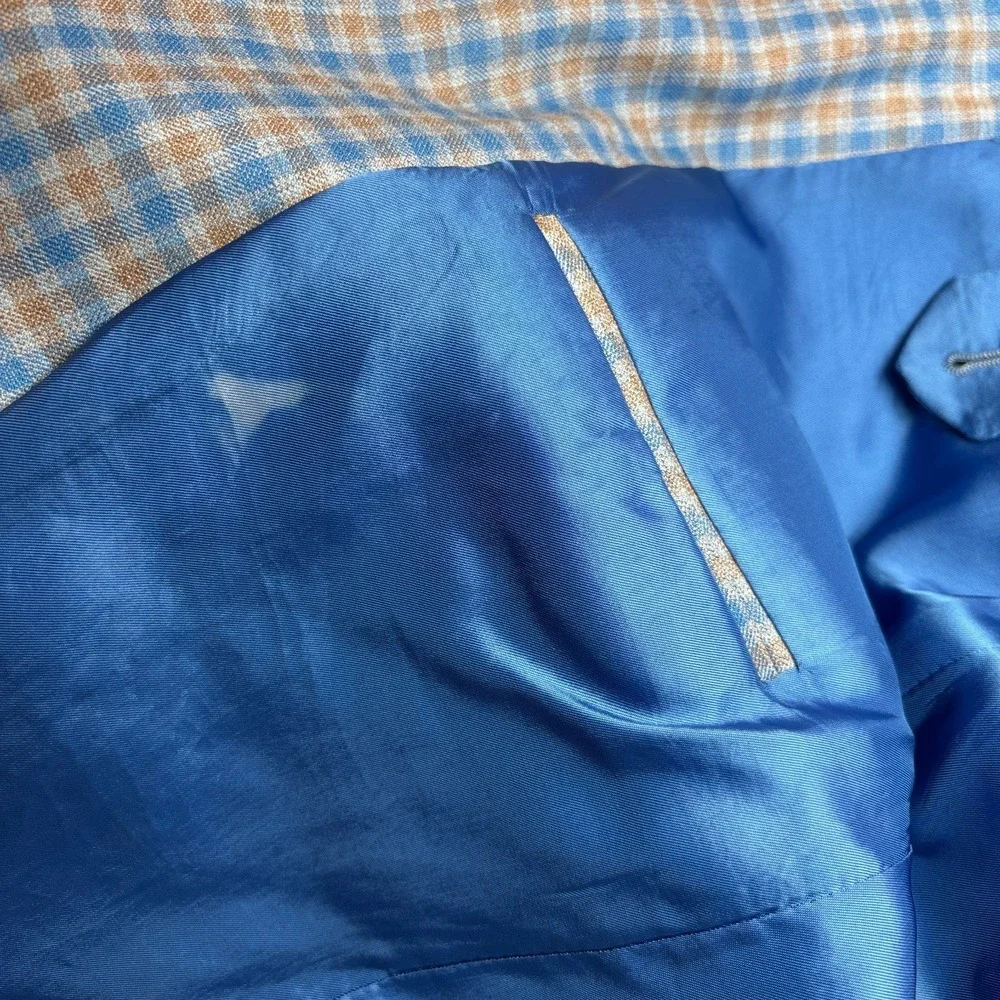 Bespoke Holland & Sherry Tom James Check Wool Sport‎ Coat Tailored Fit Blue 46L